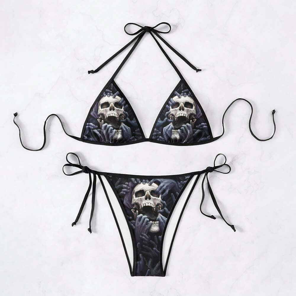 Y2K Grunge Skull & Hands Halter String Bikini Set - Retro 90s Summer Beach Outfit