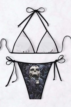 Y2K Grunge Skull & Hands Halter String Bikini Set - Retro 90s Summer Beach Outfit