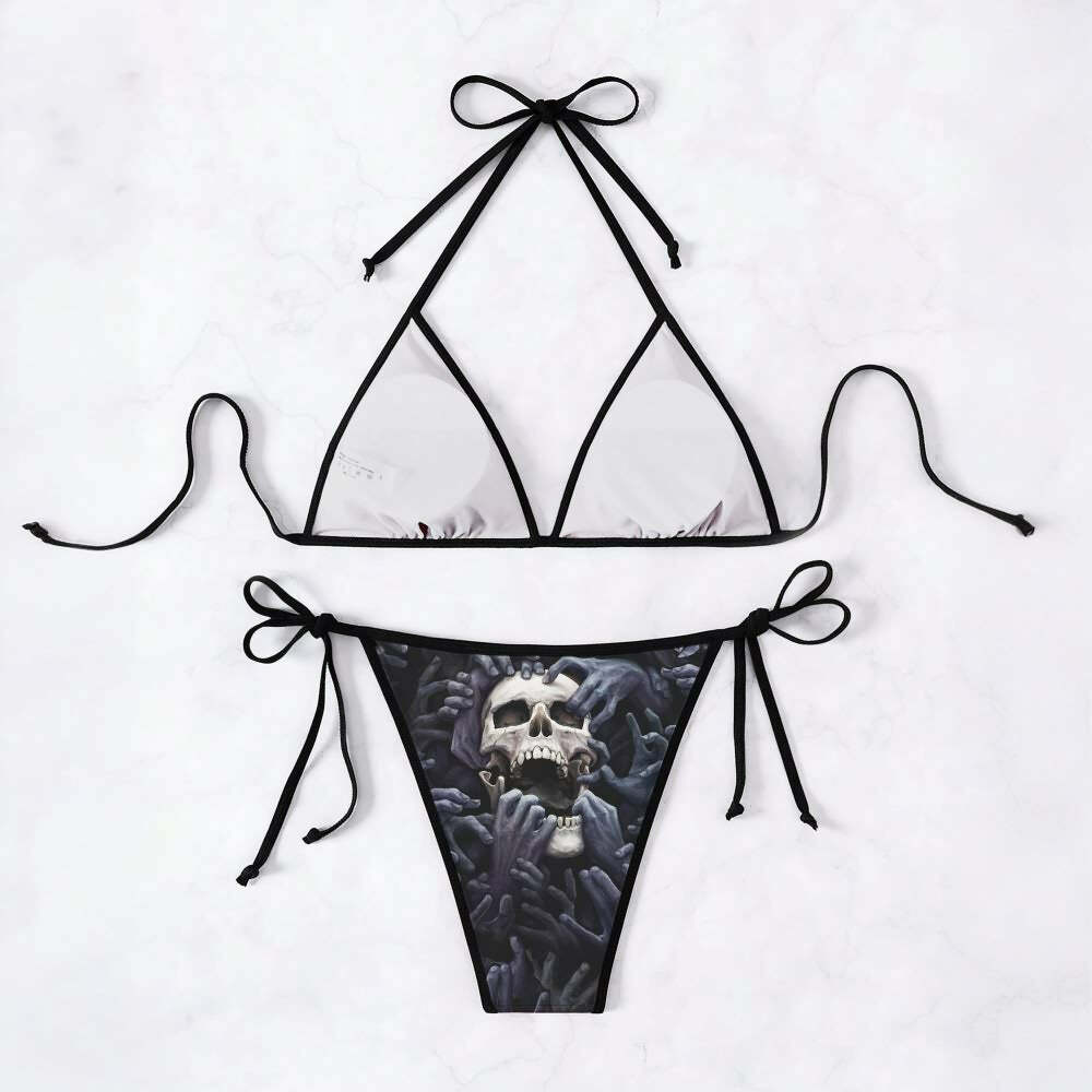 Y2K Grunge Skull & Hands Halter String Bikini Set - Retro 90s Summer Beach Outfit
