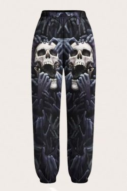 Y2K Grunge Skull & Hands Sweatpants - Retro 90s Fashion, Gothic Y2K, Summer Y2K Outfits
