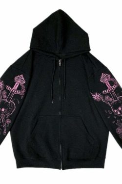 Y2K Grunge Skull and Dagger Hoodie - Retro 90s Fashion, Gothic Y2K, Summer Y2K Outfits