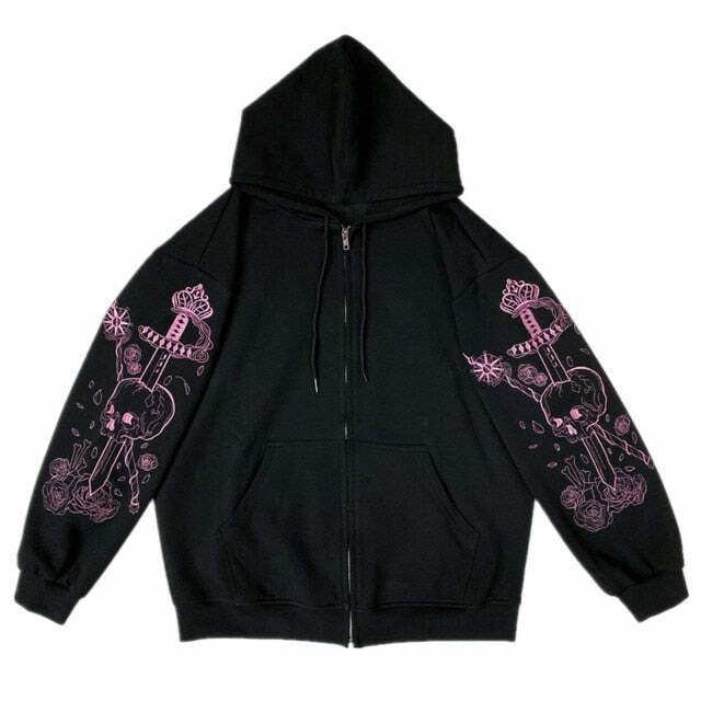 Y2K Grunge Skull and Dagger Hoodie - Retro 90s Fashion, Gothic Y2K, Summer Y2K Outfits