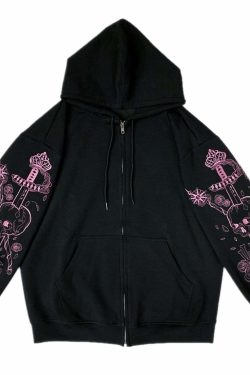 Y2K Grunge Skull and Dagger Hoodie - Retro 90s Fashion, Gothic Y2K, Summer Y2K Outfits