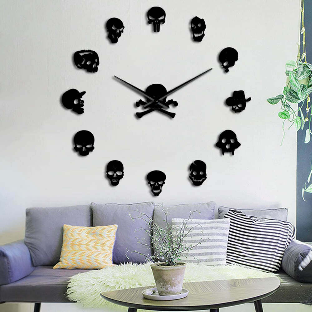 Y2K Grunge Skull Art Giant Wall Clock - Retro 90s Fashion, Gothic Y2K, Pastel Goth Decor