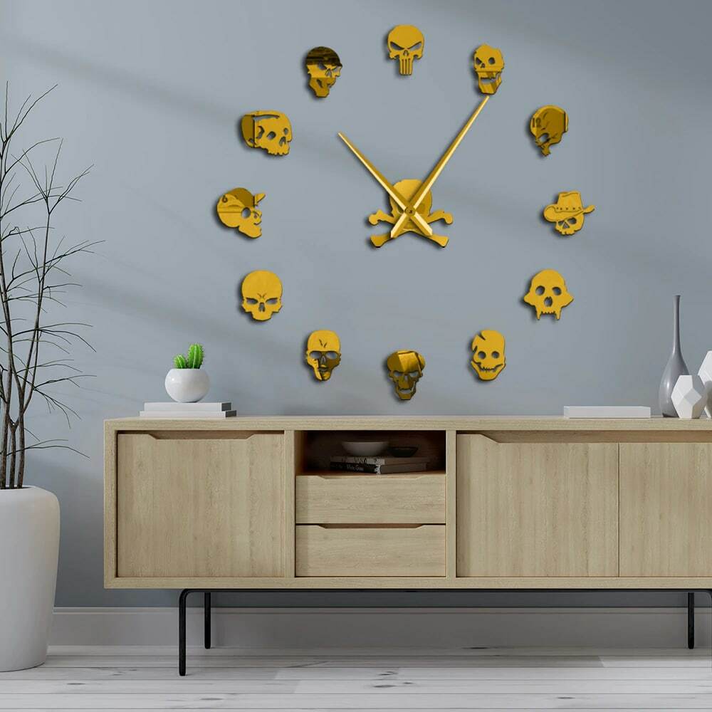 Y2K Grunge Skull Art Giant Wall Clock - Retro 90s Fashion, Gothic Y2K, Pastel Goth Decor