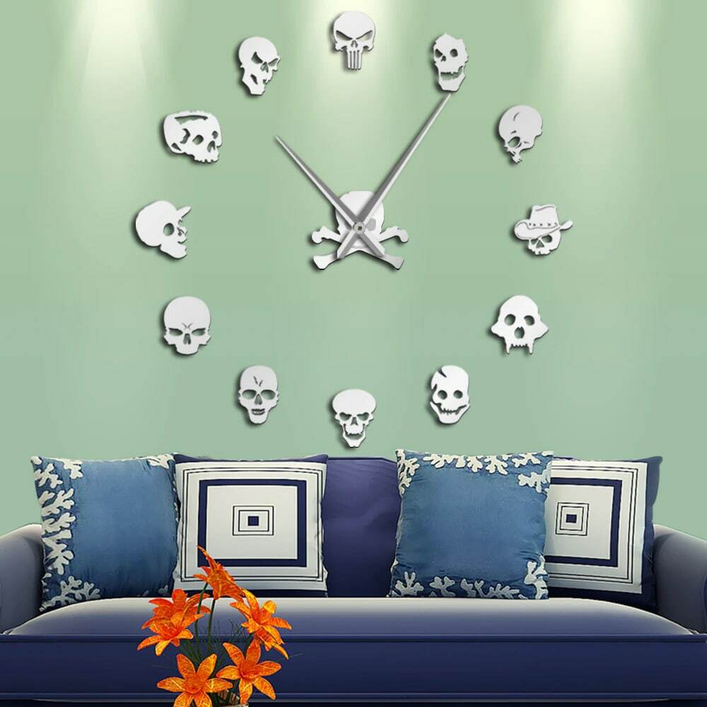 Y2K Grunge Skull Art Giant Wall Clock - Retro 90s Fashion, Gothic Y2K, Pastel Goth Decor