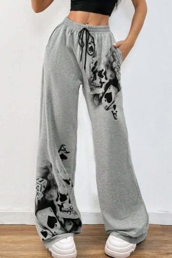 Y2K Grunge Skull Artwork Wide Leg Pants - Retro 90s Fashion, Gothic Y2K, Summer Outfits