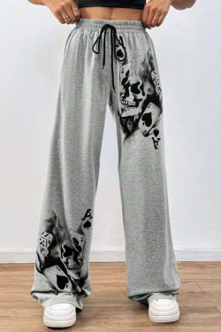Y2K Grunge Skull Artwork Wide Leg Pants - Retro 90s Fashion, Gothic Y2K, Summer Outfits