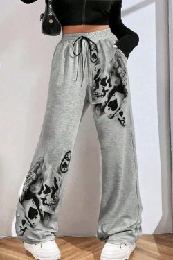 Y2K Grunge Skull Artwork Wide Leg Pants - Retro 90s Fashion, Gothic Y2K, Summer Outfits