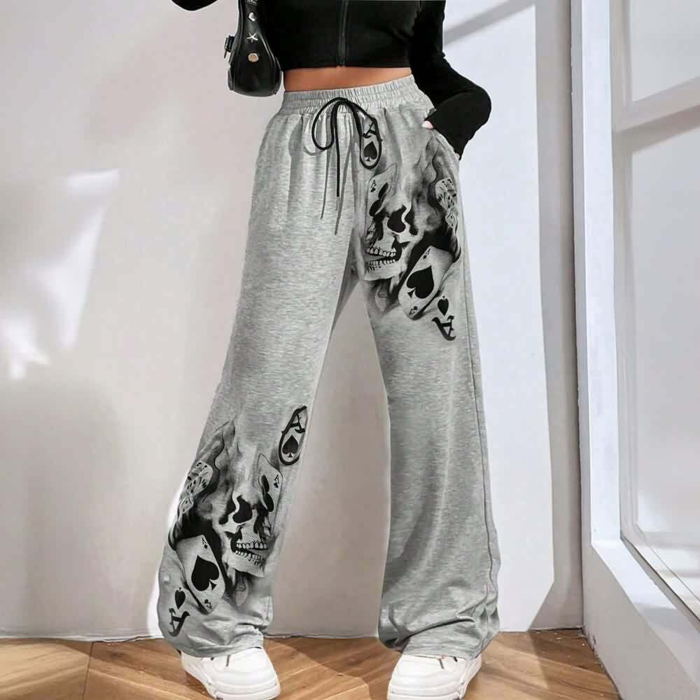 Y2K Grunge Skull Artwork Wide Leg Pants - Retro 90s Fashion, Gothic Y2K, Summer Outfits