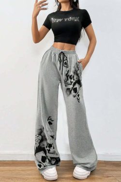 Y2K Grunge Skull Artwork Wide Leg Pants - Retro 90s Fashion, Gothic Y2K, Summer Outfits
