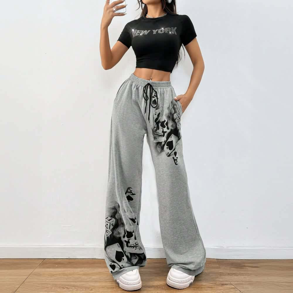 Y2K Grunge Skull Artwork Wide Leg Pants - Retro 90s Fashion, Gothic Y2K, Summer Outfits
