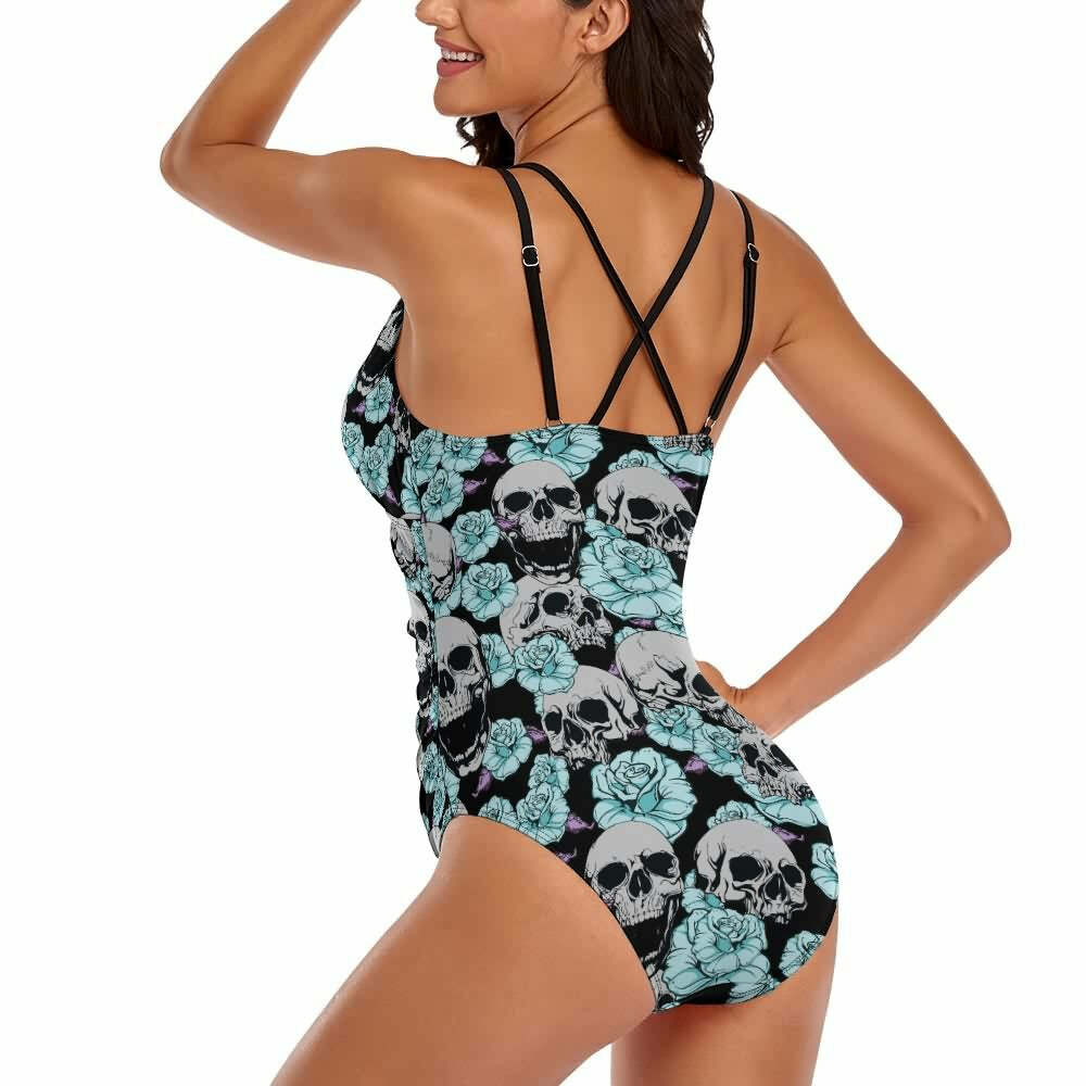 Y2K Grunge Skull Flower Push Up One Piece Swimsuit - Retro 90s Summer Beachwear