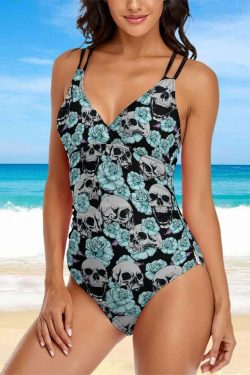 Y2K Grunge Skull Flower Push Up One Piece Swimsuit - Retro 90s Summer Beachwear