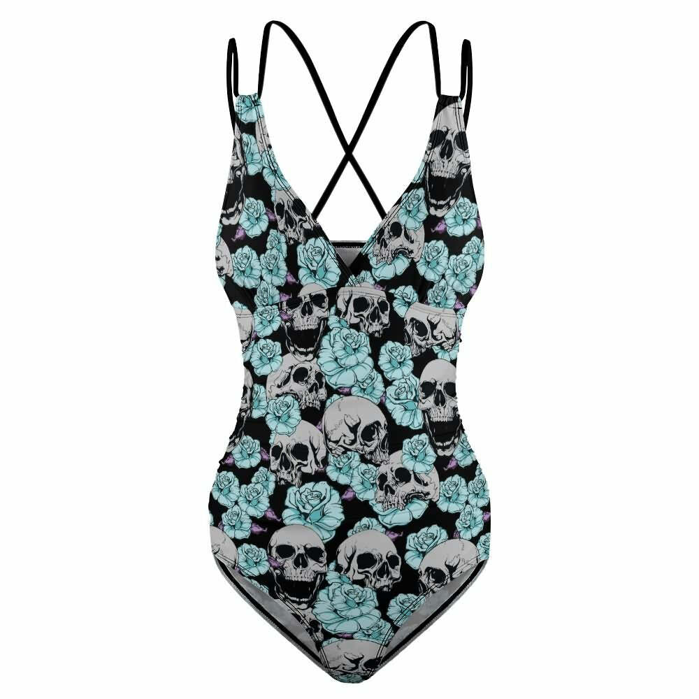 Y2K Grunge Skull Flower Push Up One Piece Swimsuit - Retro 90s Summer Beachwear