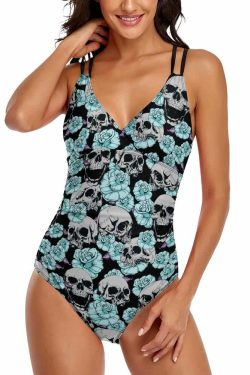 Y2K Grunge Skull Flower Push Up One Piece Swimsuit - Retro 90s Summer Beachwear