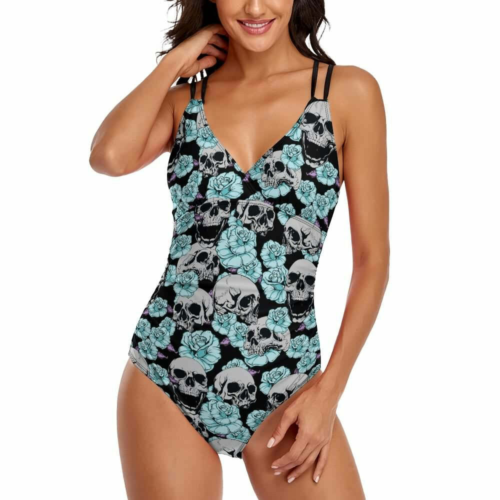 Y2K Grunge Skull Flower Push Up One Piece Swimsuit - Retro 90s Summer Beachwear