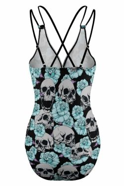 Y2K Grunge Skull Flower Push Up One Piece Swimsuit - Retro 90s Summer Beachwear
