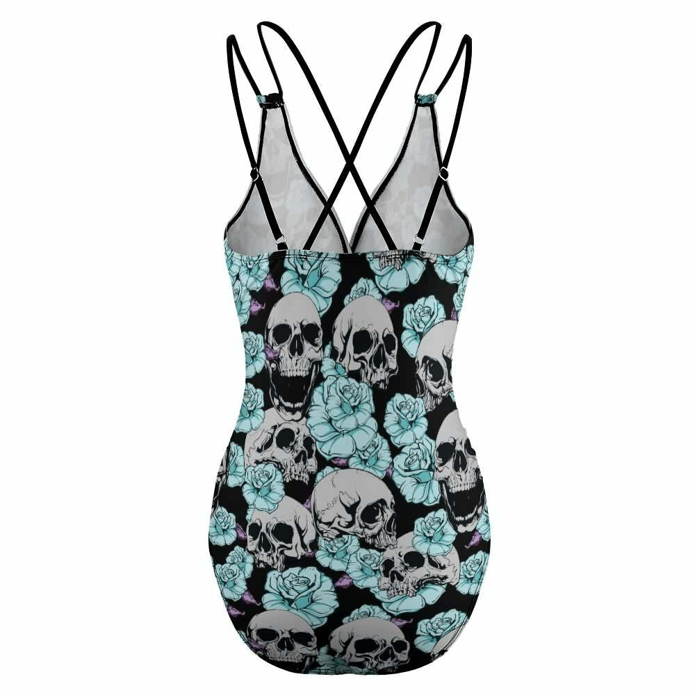 Y2K Grunge Skull Flower Push Up One Piece Swimsuit - Retro 90s Summer Beachwear