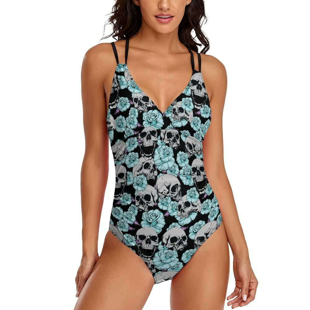 Y2K Grunge Skull Flower Push Up One Piece Swimsuit - Retro 90s Summer Beachwear