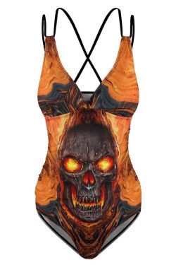 Y2K Grunge Skull Lava Push Up One Piece Swimsuit - Retro 90s Summer Beach Outfit