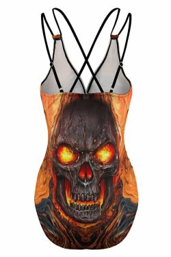 Y2K Grunge Skull Lava Push Up One Piece Swimsuit - Retro 90s Summer Beach Outfit