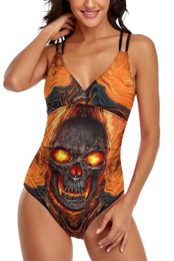 Y2K Grunge Skull Lava Push Up One Piece Swimsuit - Retro 90s Summer Beach Outfit