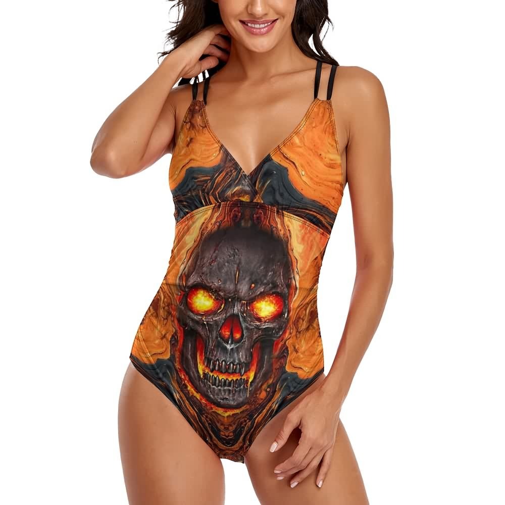 Y2K Grunge Skull Lava Push Up One Piece Swimsuit - Retro 90s Summer Beach Outfit