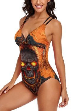 Y2K Grunge Skull Lava Push Up One Piece Swimsuit - Retro 90s Summer Beach Outfit