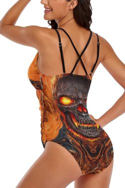 Y2K Grunge Skull Lava Push Up One Piece Swimsuit - Retro 90s Summer Beach Outfit
