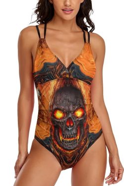 Y2K Grunge Skull Lava Push Up One Piece Swimsuit - Retro 90s Summer Beach Outfit