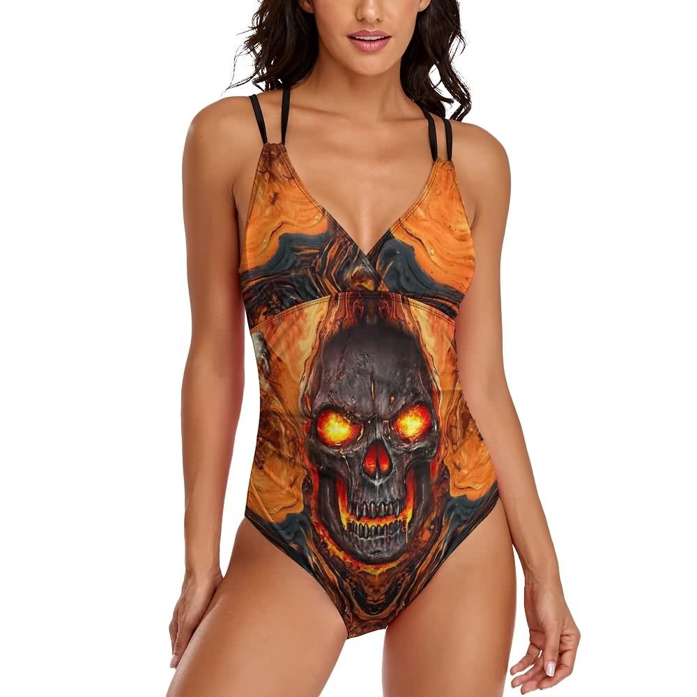 Y2K Grunge Skull Lava Push Up One Piece Swimsuit - Retro 90s Summer Beach Outfit