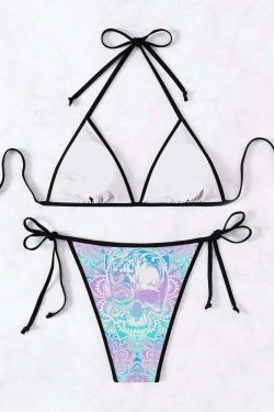 Y2K Grunge Skull Mandala Halter Bikini Set - Retro 90s Summer Beach Outfit