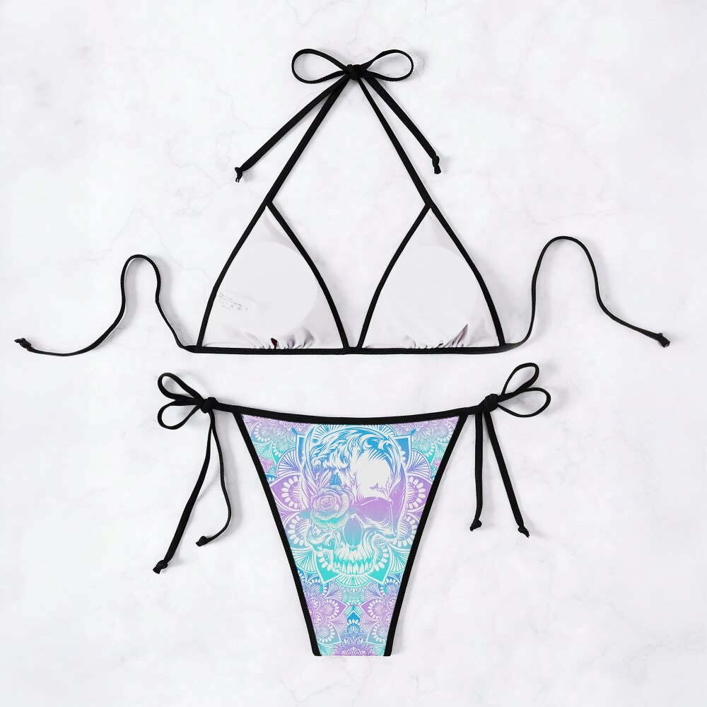 Y2K Grunge Skull Mandala Halter Bikini Set - Retro 90s Summer Beach Outfit