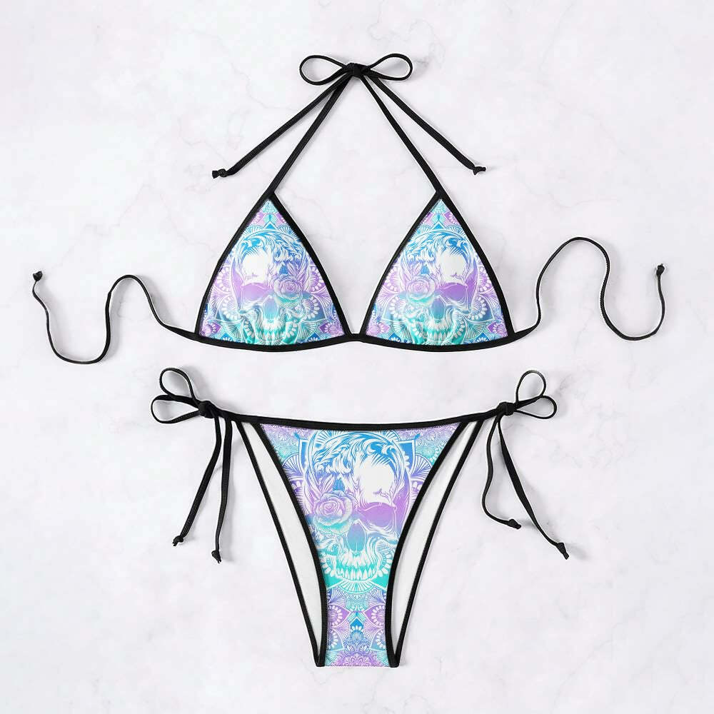 Y2K Grunge Skull Mandala Halter Bikini Set - Retro 90s Summer Beach Outfit