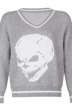 Y2K Grunge Skull Print Sweater - Retro 90s Fashion, Gothic Y2K, Dark Y2K Outfits