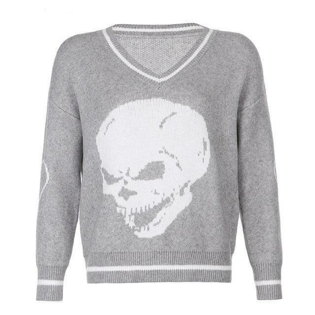 Y2K Grunge Skull Print Sweater - Retro 90s Fashion, Gothic Y2K, Dark Y2K Outfits