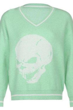 Y2K Grunge Skull Print Sweater - Retro 90s Fashion, Gothic Y2K, Dark Y2K Outfits