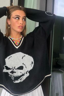 Y2K Grunge Skull Print Sweater - Retro 90s Fashion, Gothic Y2K, Dark Y2K Outfits