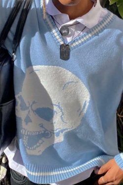 Y2K Grunge Skull Print Sweater - Retro 90s Fashion, Gothic Y2K, Dark Y2K Outfits