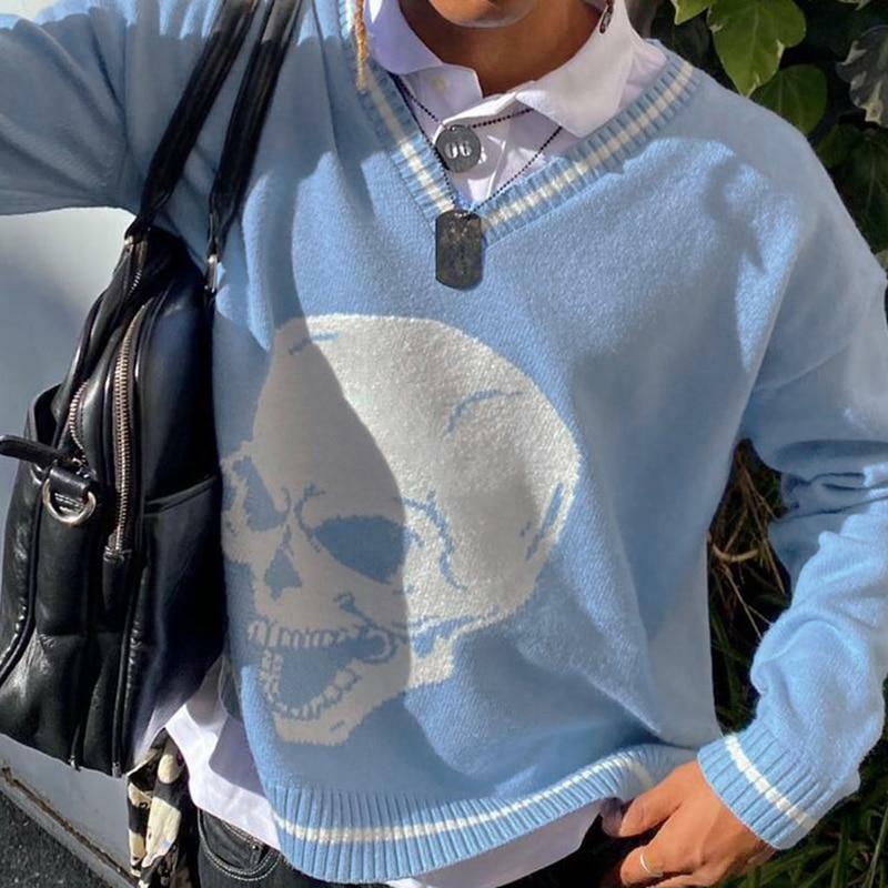 Y2K Grunge Skull Print Sweater - Retro 90s Fashion, Gothic Y2K, Dark Y2K Outfits