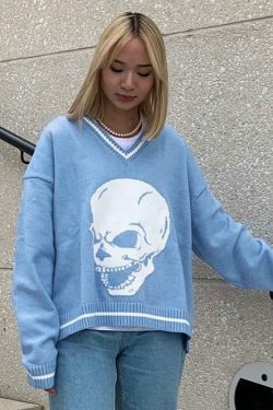 Y2K Grunge Skull Print Sweater - Retro 90s Fashion, Gothic Y2K, Dark Y2K Outfits