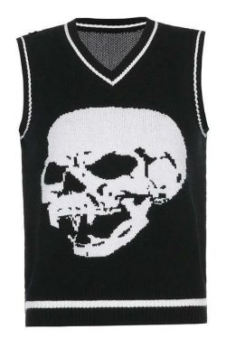 Y2K Grunge Skull Print Sweater - Retro 90s Fashion, Gothic Y2K, Dark Y2K Outfits