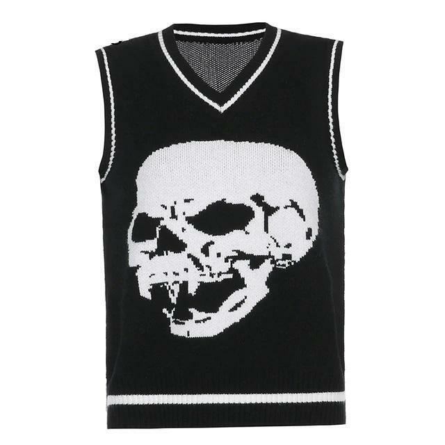 Y2K Grunge Skull Print Sweater - Retro 90s Fashion, Gothic Y2K, Dark Y2K Outfits