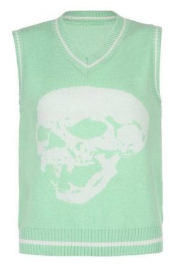 Y2K Grunge Skull Print Sweater - Retro 90s Fashion, Gothic Y2K, Dark Y2K Outfits