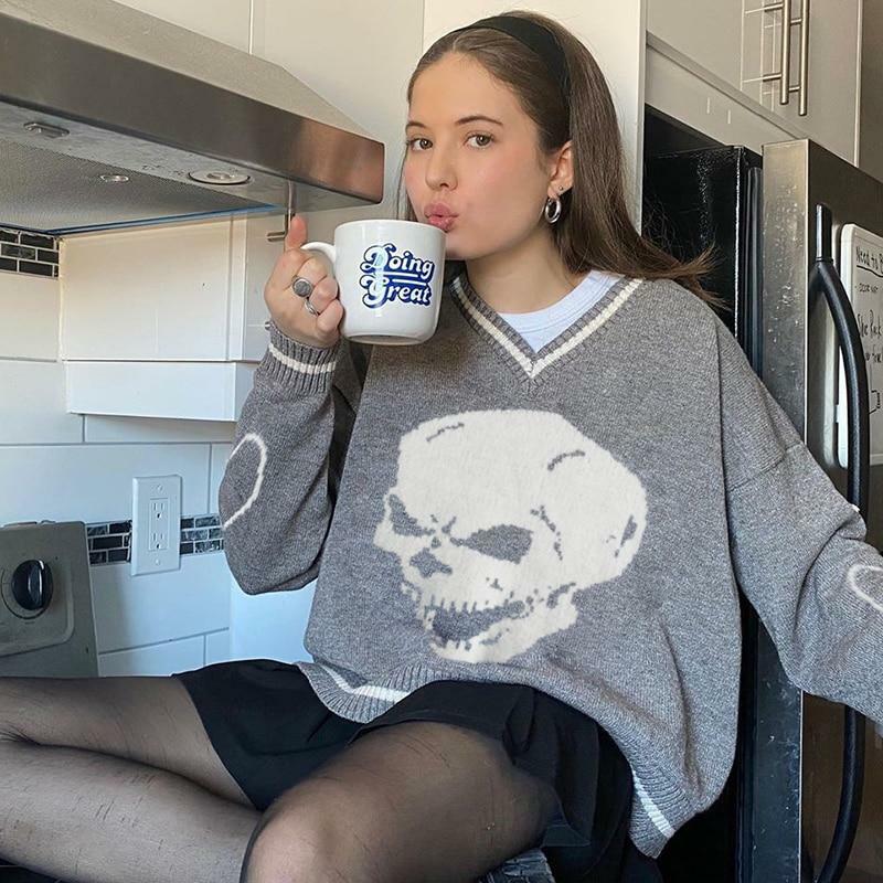Y2K Grunge Skull Print Sweater - Retro 90s Fashion, Gothic Y2K, Dark Y2K Outfits