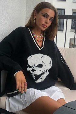 Y2K Grunge Skull Print Sweater - Retro 90s Fashion, Gothic Y2K, Dark Y2K Outfits