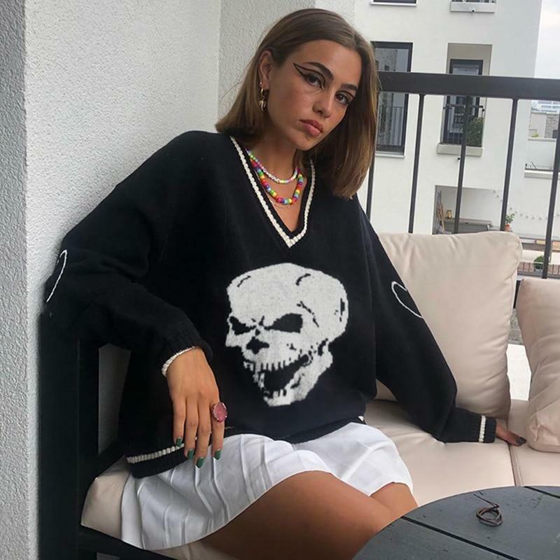 Y2K Grunge Skull Print Sweater - Retro 90s Fashion, Gothic Y2K, Dark Y2K Outfits