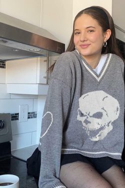 Y2K Grunge Skull Print Sweater - Retro 90s Fashion, Gothic Y2K, Dark Y2K Outfits