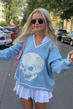 Y2K Grunge Skull Print Sweater - Retro 90s Fashion, Gothic Y2K, Dark Y2K Outfits